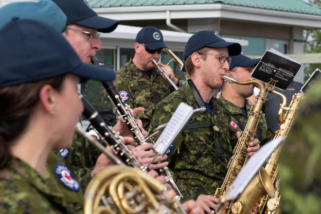 Members of the Royal Canadian Air Force Band play at Red River Exhibition in Winnipeg, Manitoba on June 17th, 2024.